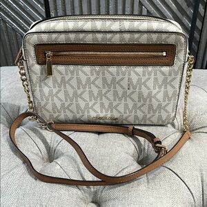 Michael Kors Cream Logo Crossbody with Tan Trim and Gold Hardware